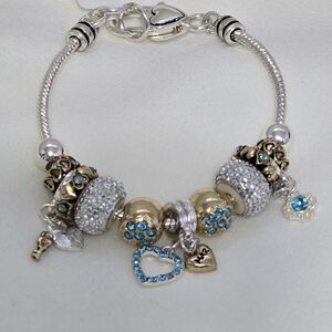 Landau Silver Gold Toned Blue Crystal March Birthstone Charm Heart Key Bracelet